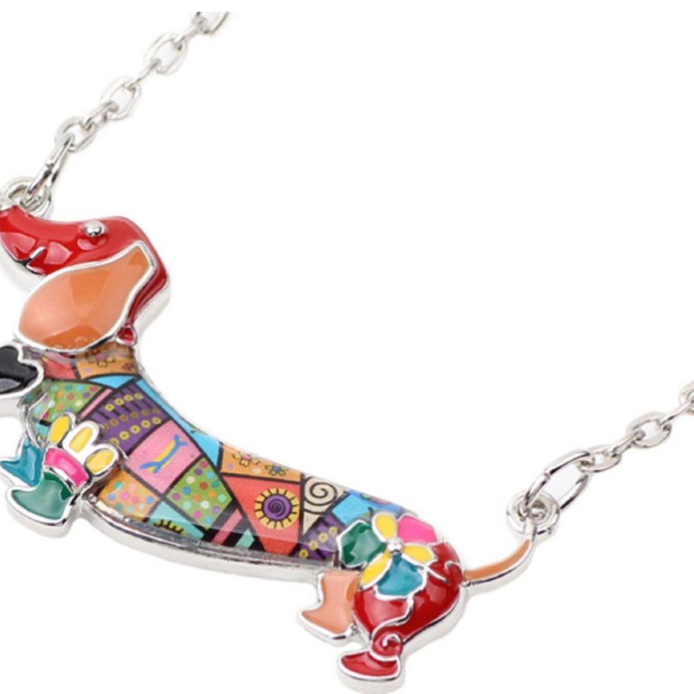 BONSNY Multicolored Enamel Dachshund Necklace-New